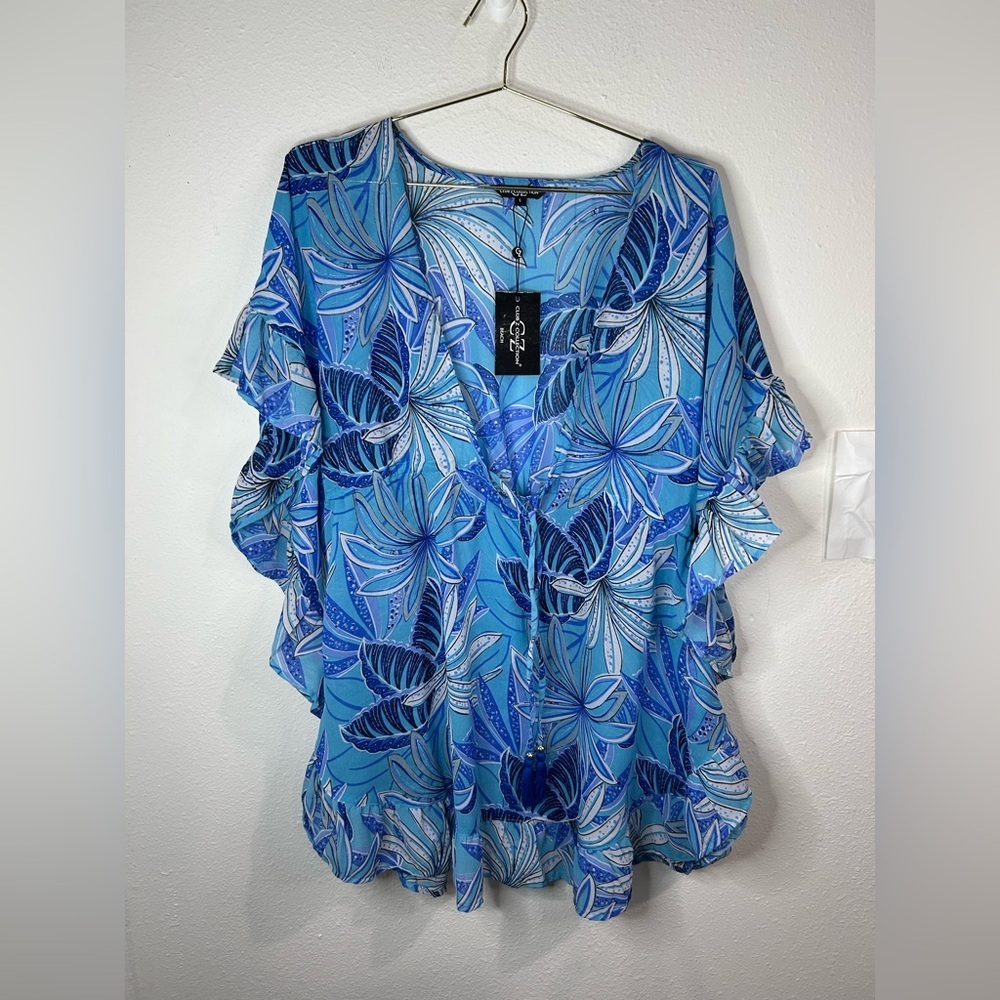 Club Z Collection Blue Floral Ruffle Sleeve Tunic Top NWT Boho Resort Blouse M L
